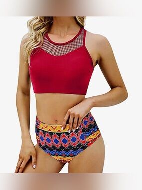 Women 2 PC Vintage Mesh Native American Patchwork Swimsuit / Tankini, Size Small